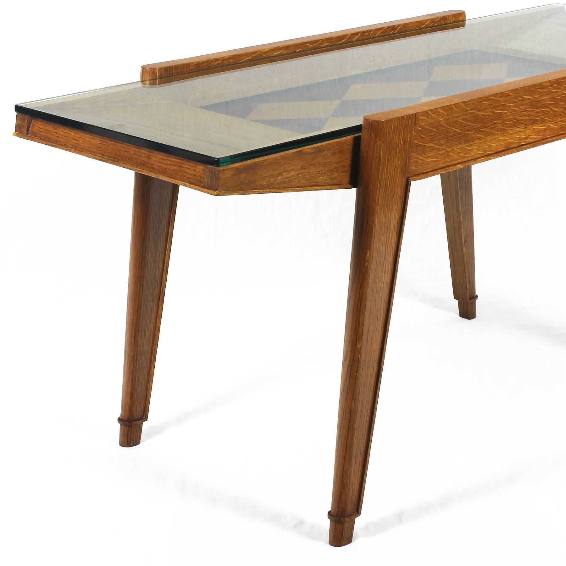 French Mid-Century Modern Coffee Table, Oak, Mahogany and Oak Marquetry - France