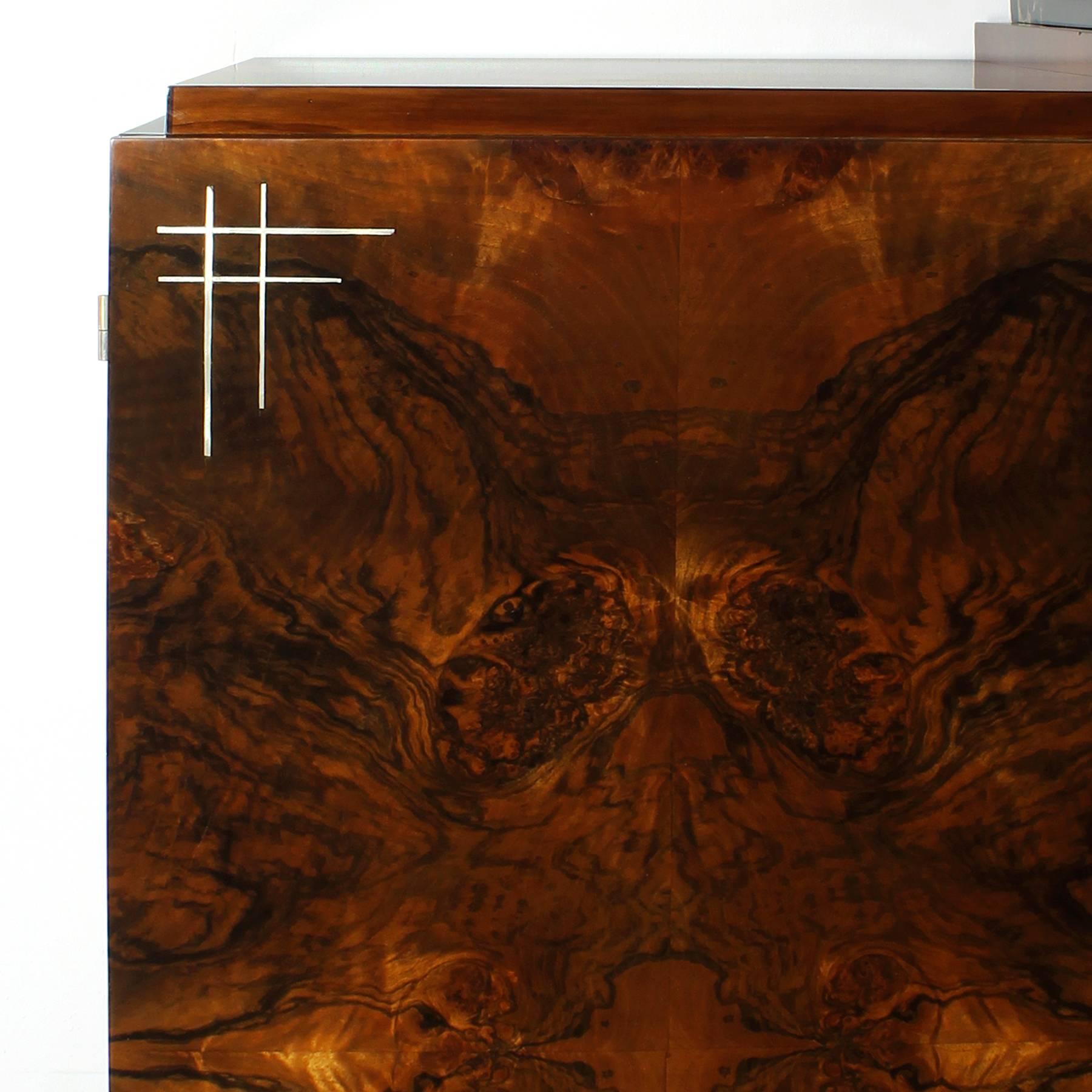 Aluminum 1930´s Rounded Art Deco Sideboard, oak, burr walnut, brass - France