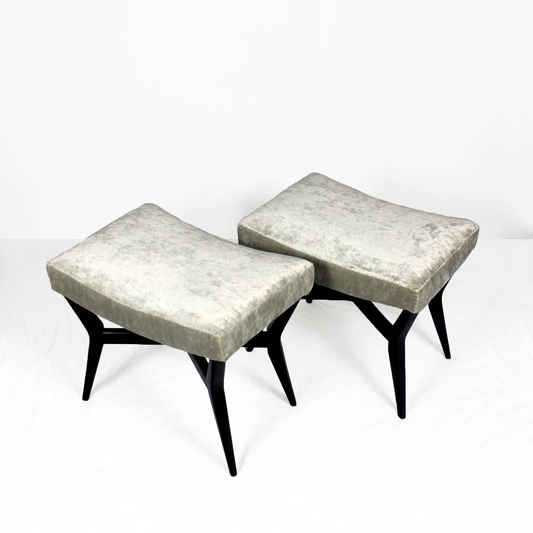 Stained 1950´s Pair of Banquettes, black stained beech, velvet - Spain
