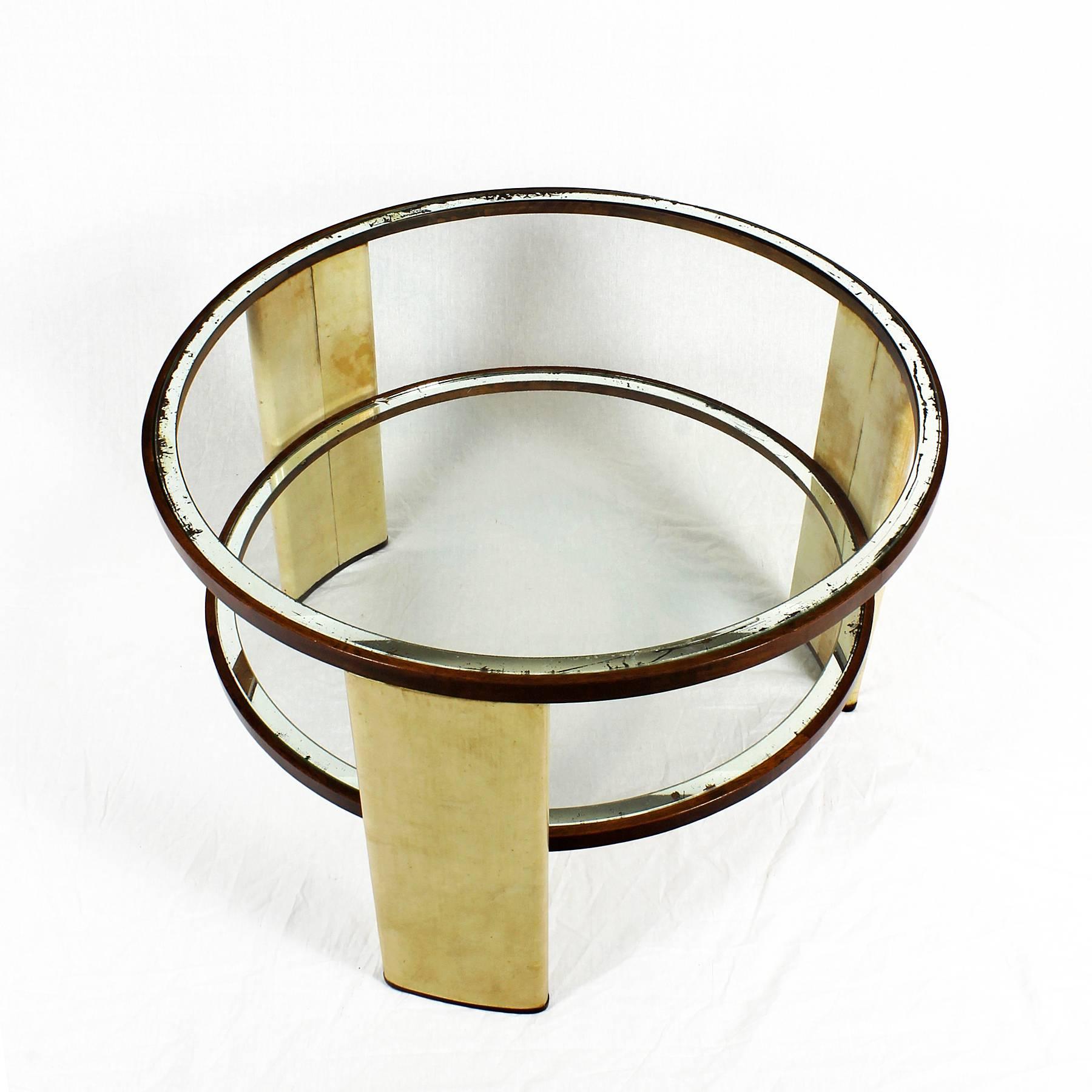 Italian 1930s Art Deco Side Table, parchment and walnut, mirrored glass. Italy