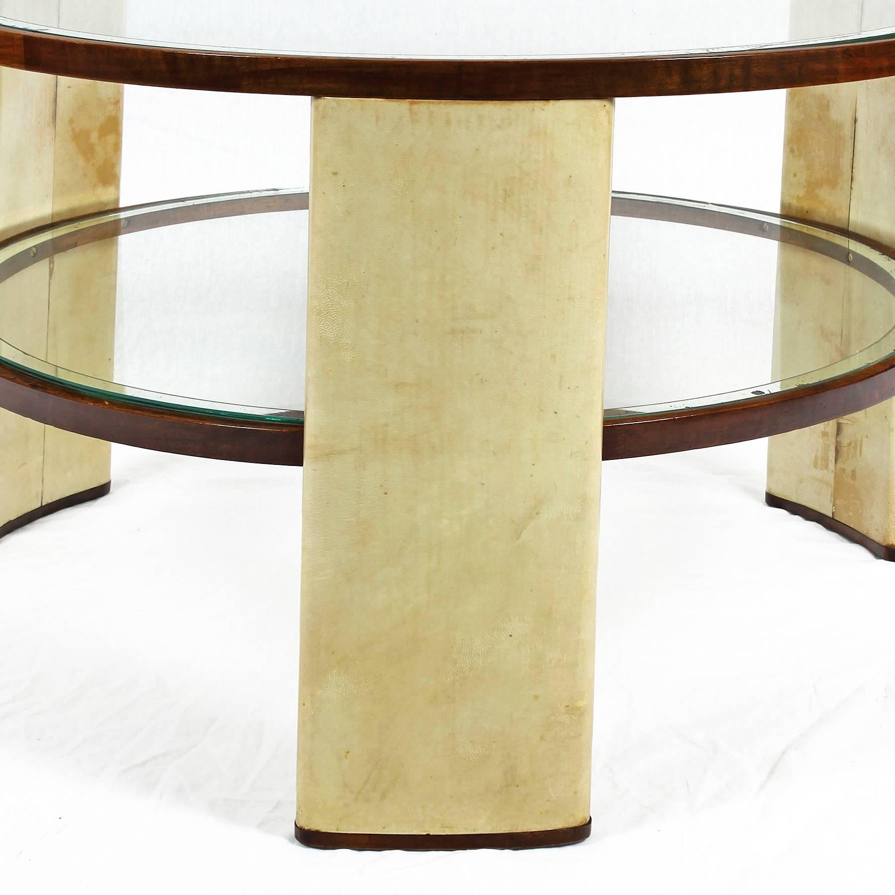 1930s Art Deco Side Table, parchment and walnut, mirrored glass. Italy In Good Condition In Girona, ES