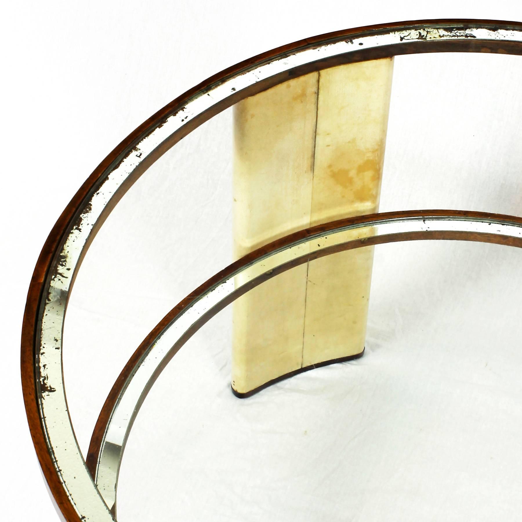 Glass 1930s Art Deco Side Table, parchment and walnut, mirrored glass. Italy