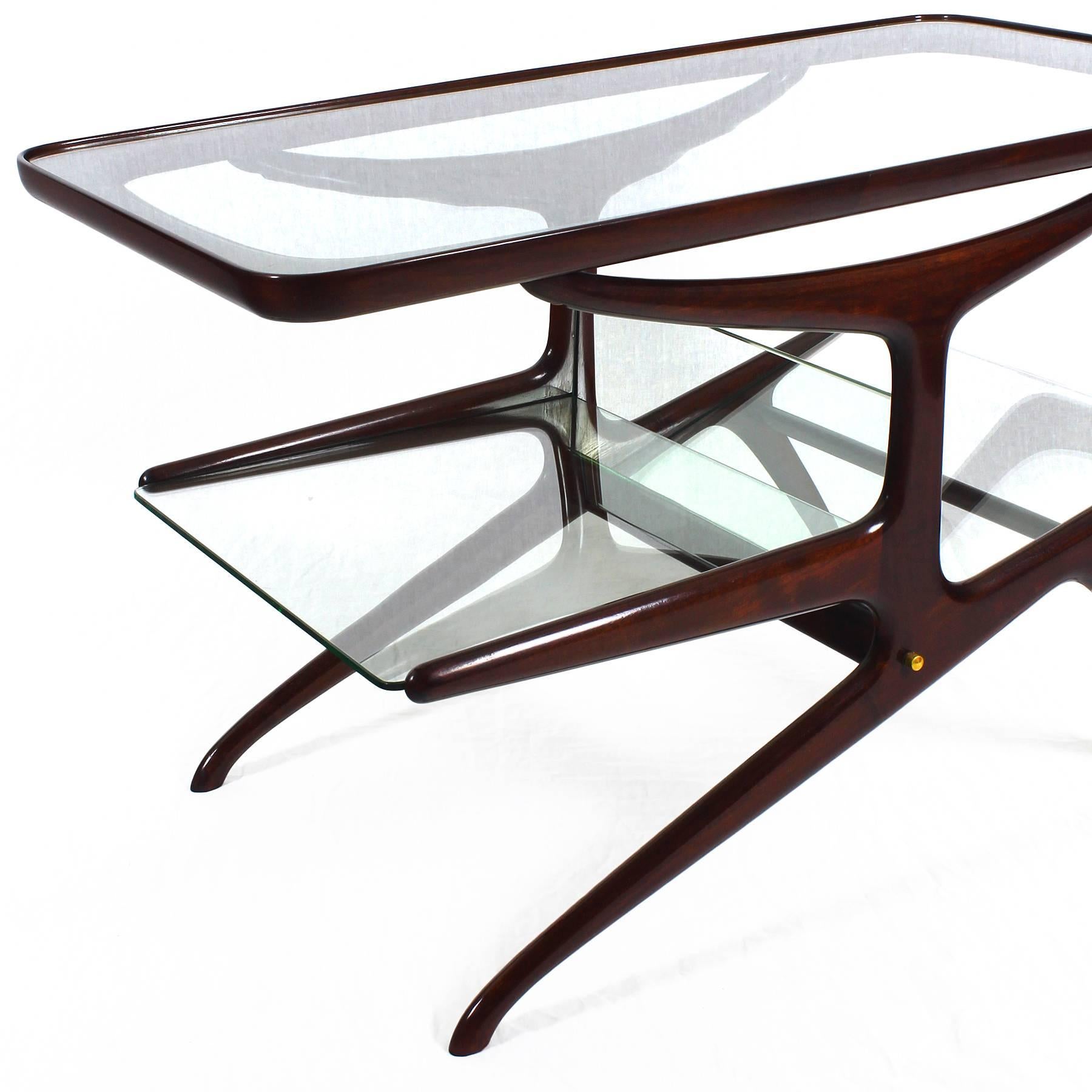 Brass 1950s Coffee Table by Cesare Lacca, magazine rack, mahogany. Italy