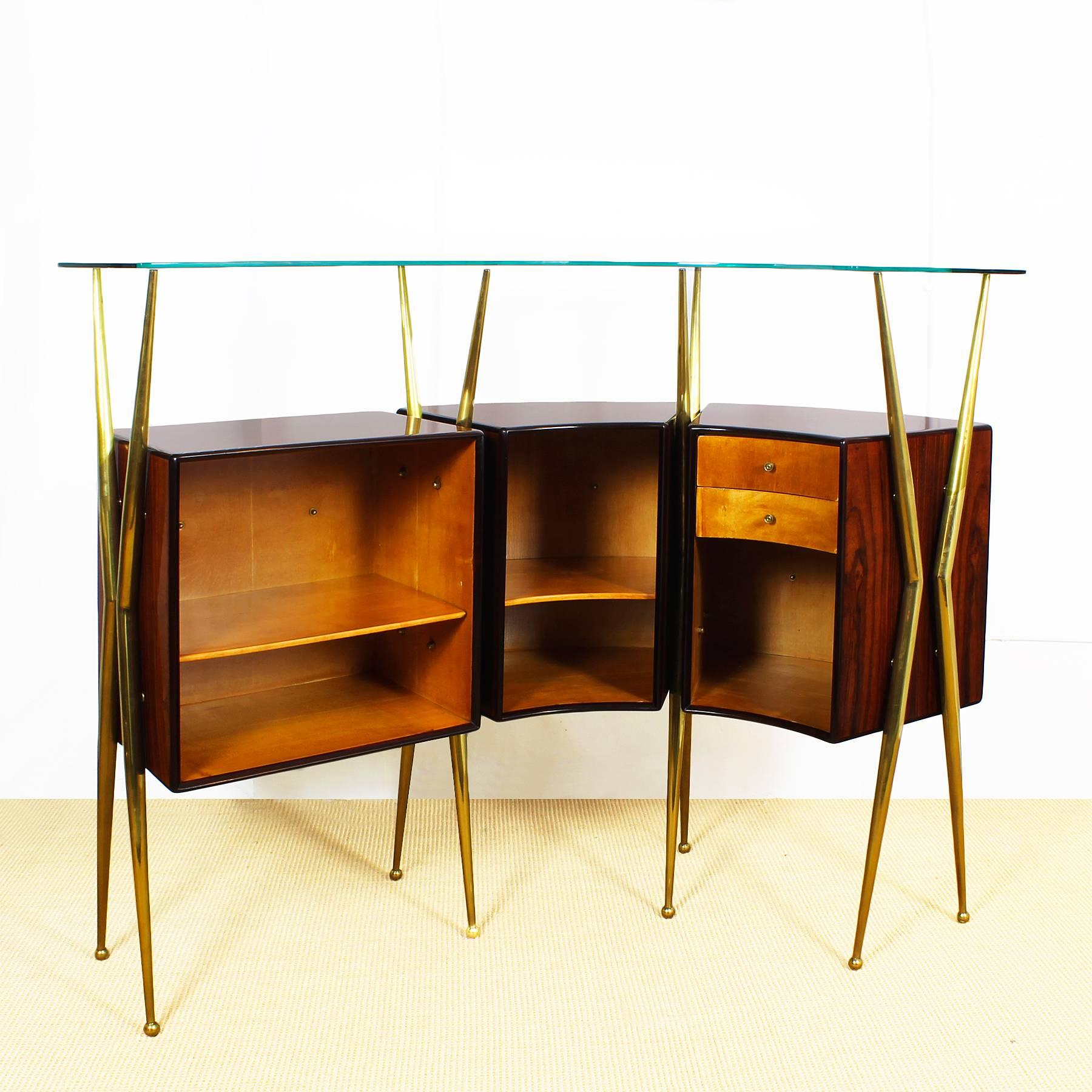 Polished 1950s Dry Bar Cabinet, counter and benches set in the style of Gio Ponti. Italy