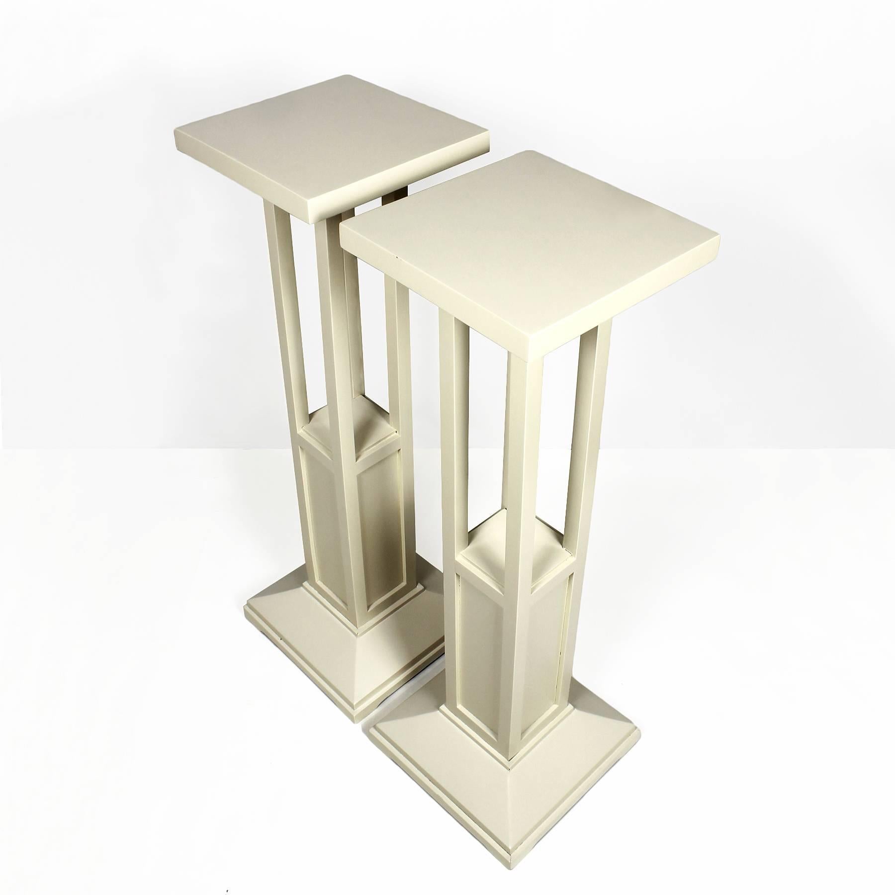 French 1910s Pair of Cubist Art Nouveau Stands, Ivory lacquered Oak - France For Sale