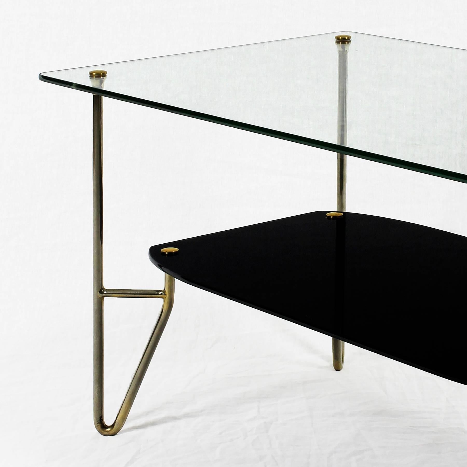 Plated 1960s Coffee Table by Pierre Guariche, Brass, Opaline, Glass, France