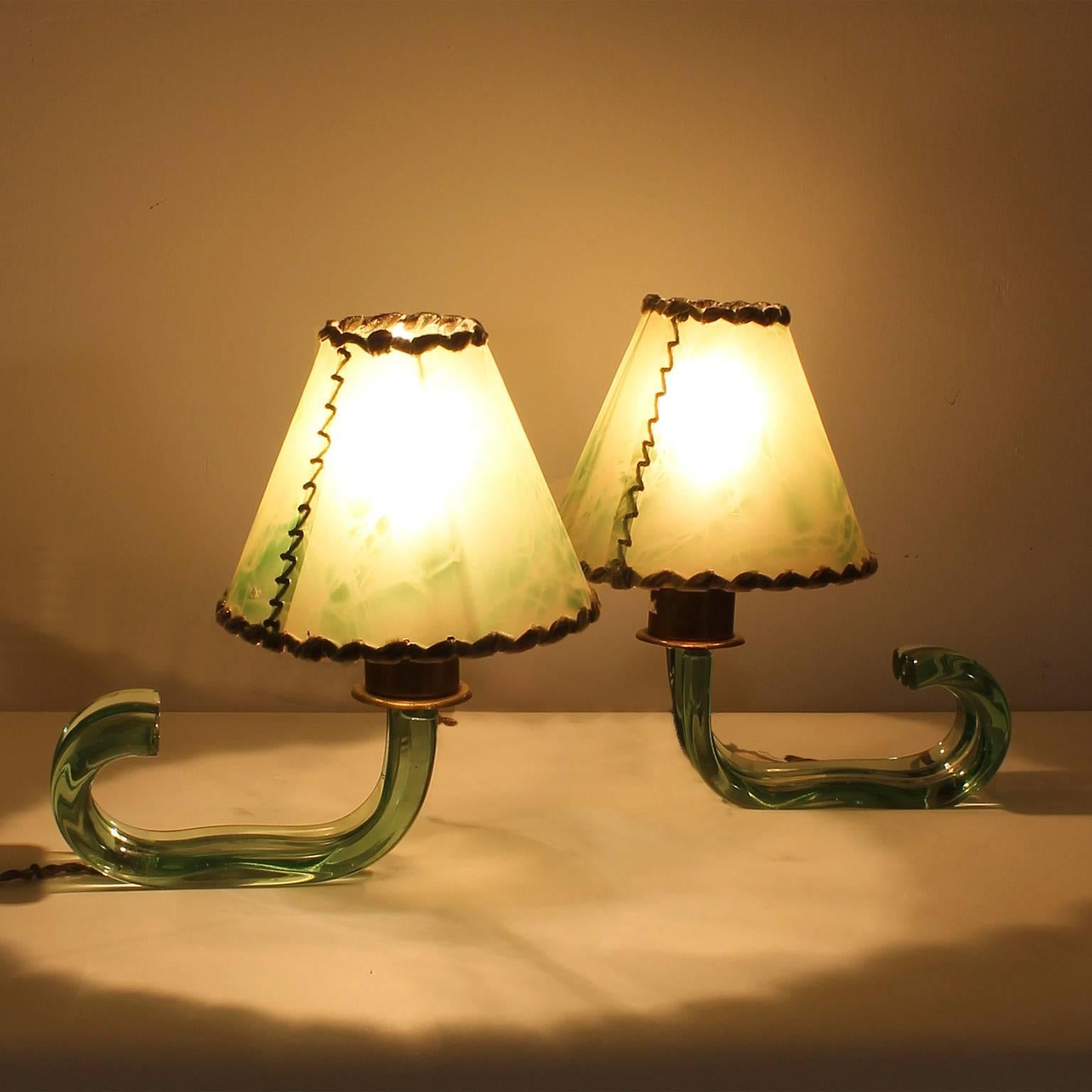 Murano Glass 1940´s Pair of Mini Lamps by Seguso, green Murano glass - Italy