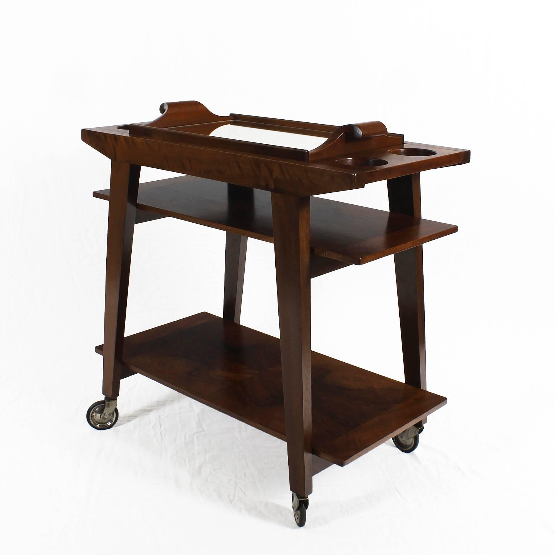 Mid-Century Modern Bar Cart in Solid Oak, Removable Try, Shellac Wax Finished, France, 1940