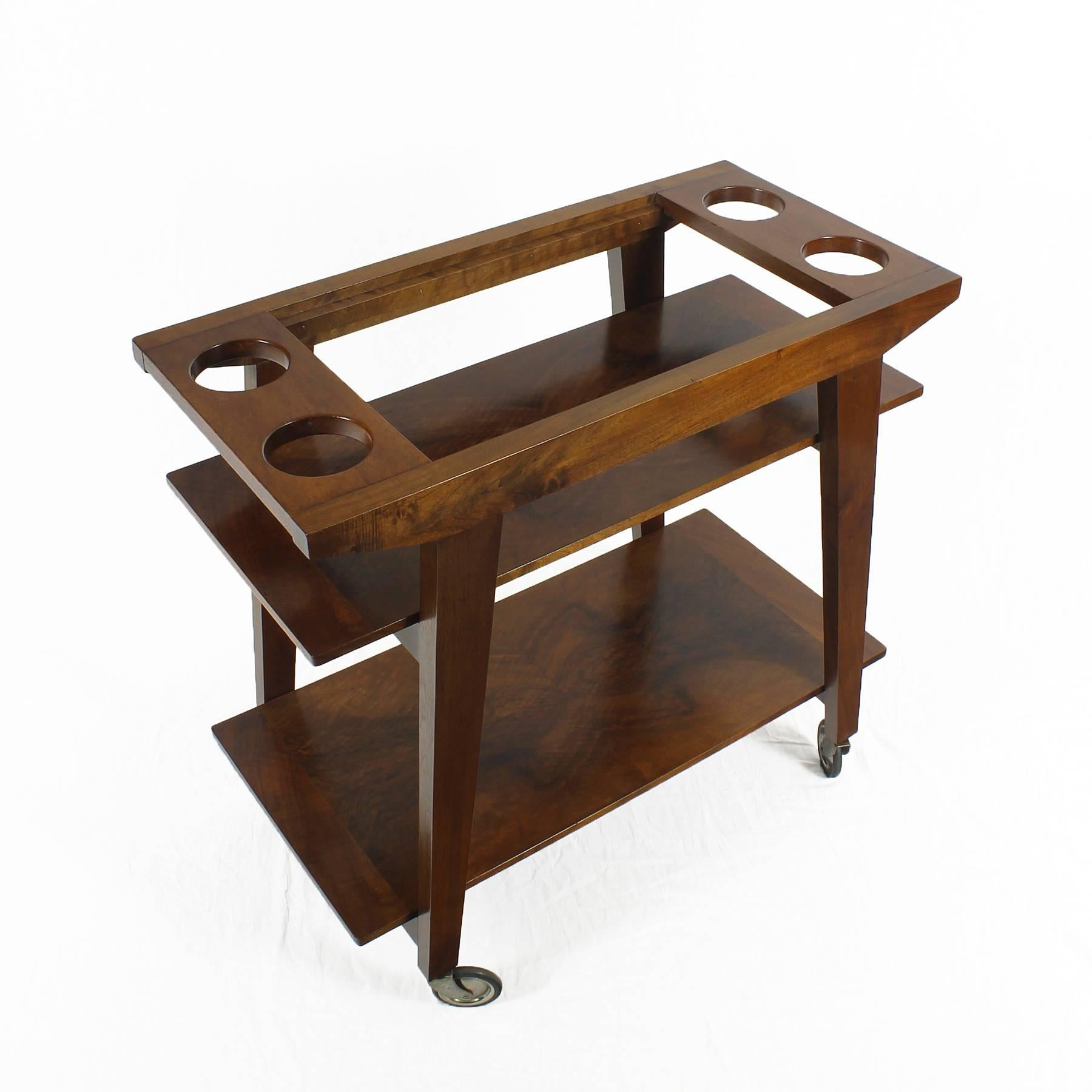 Mirror Bar Cart in Solid Oak, Removable Try, Shellac Wax Finished, France, 1940