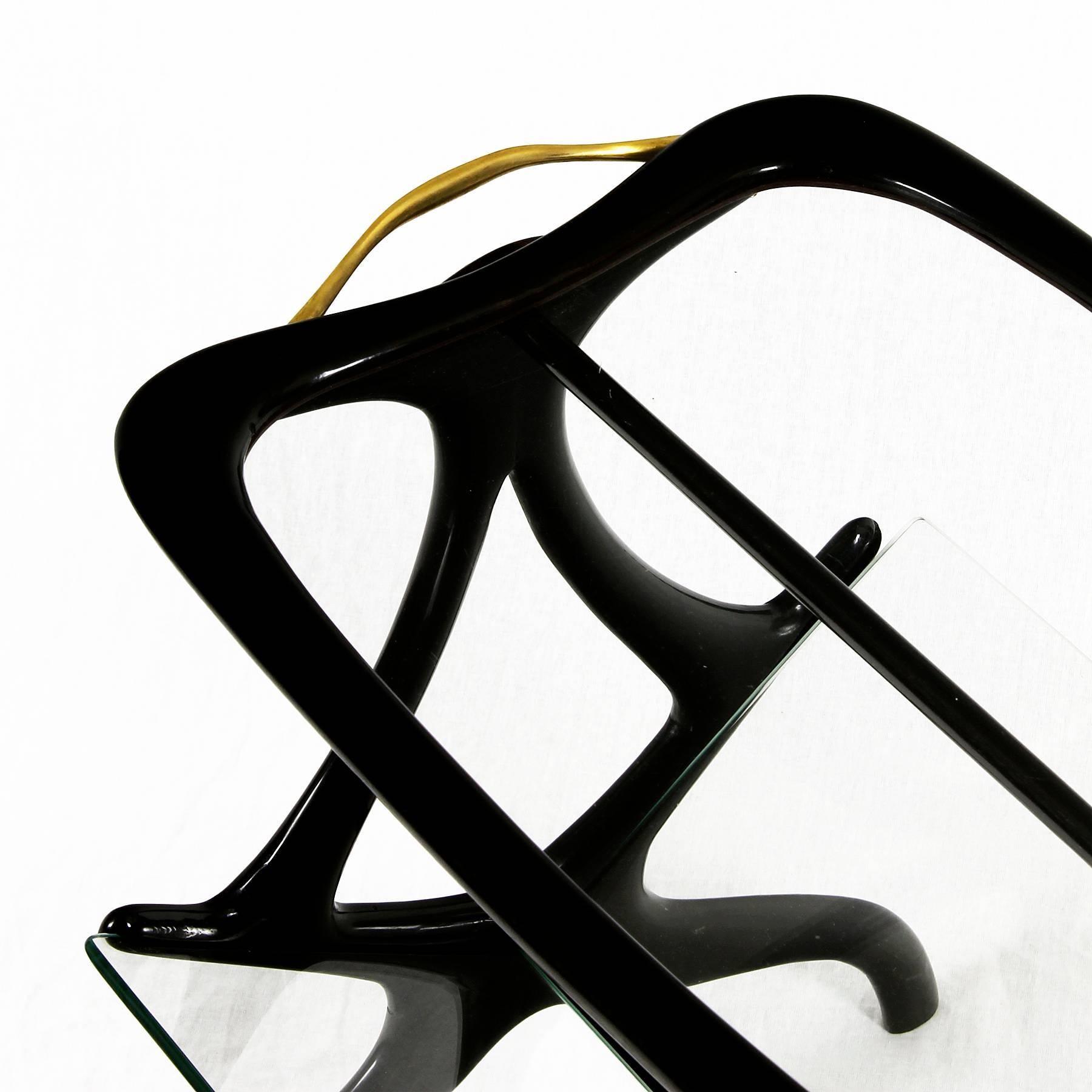 Brass 1950s Table Magazine Rack by Cesare Lacca, stained beech and glass. Italy