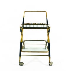 1950s Bar Cart by Cesare Lacca, Stained Mahogany and Brass, Italy