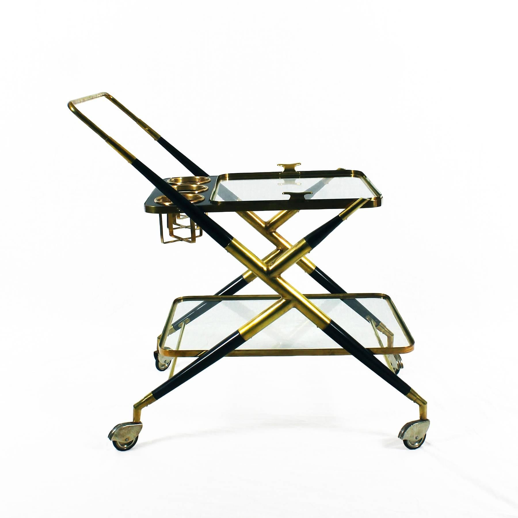 Mid-Century Modern 1950s Bar Cart by Cesare Lacca, Stained Mahogany and Brass, Italy