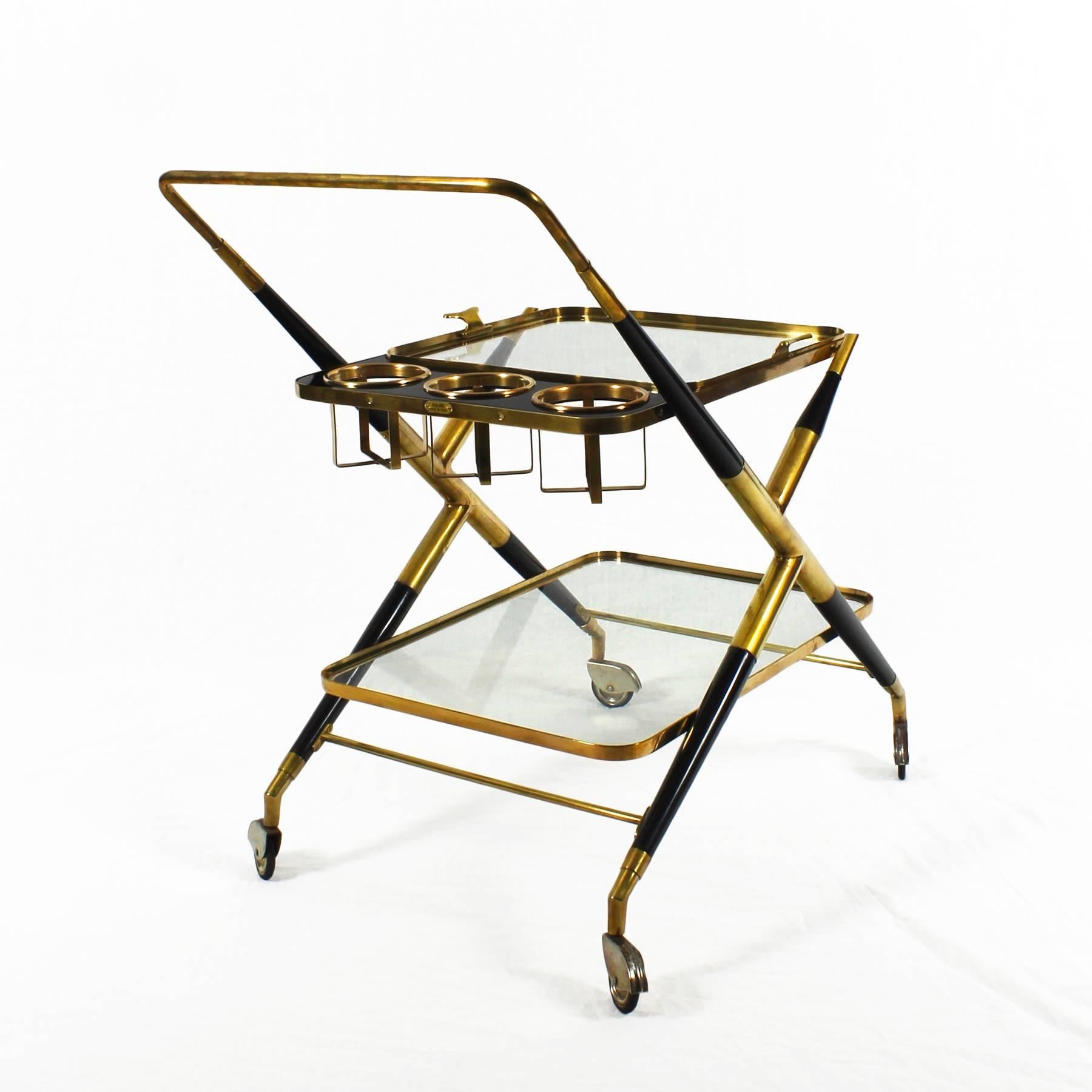 Italian 1950s Bar Cart by Cesare Lacca, Stained Mahogany and Brass, Italy