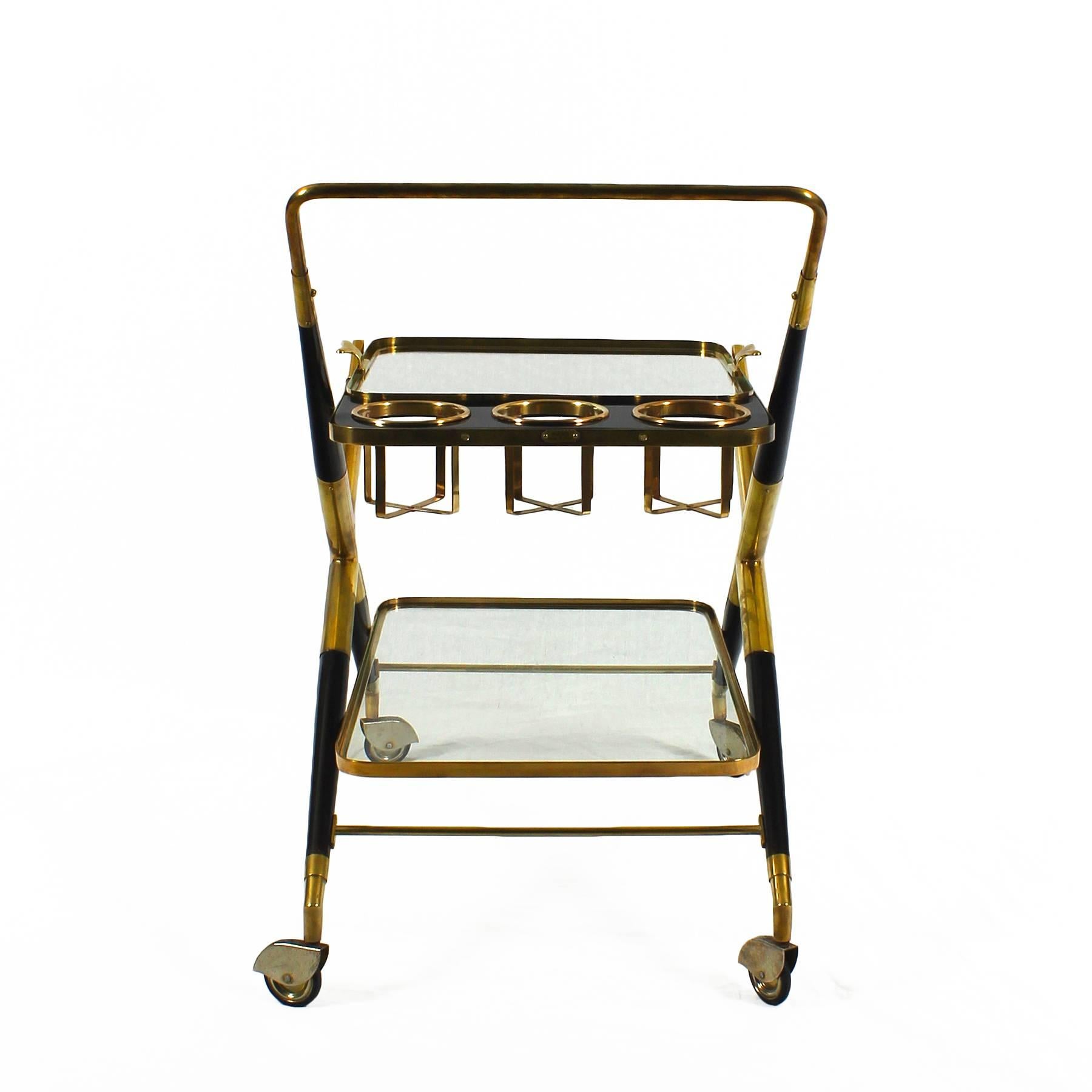 Polished 1950s Bar Cart by Cesare Lacca, Stained Mahogany and Brass, Italy