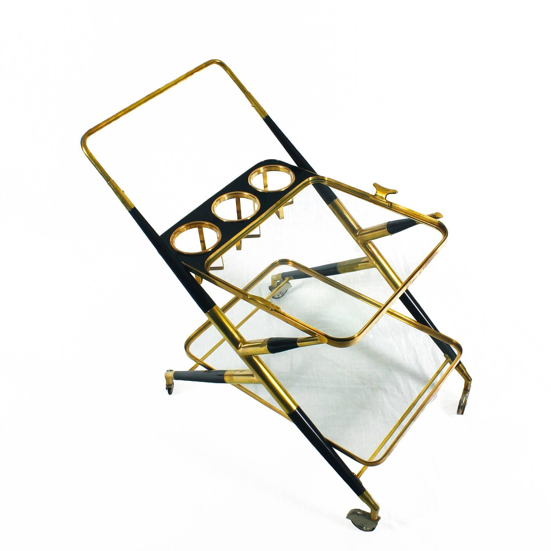1950s Bar Cart by Cesare Lacca, Stained Mahogany and Brass, Italy In Excellent Condition In Girona, ES