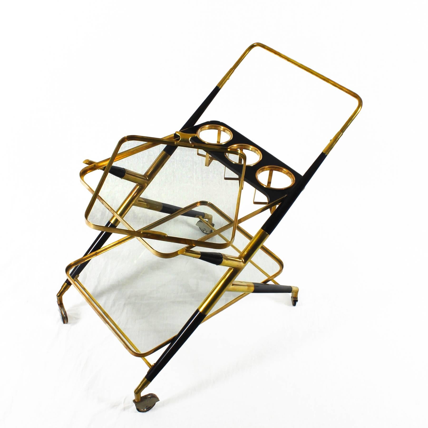 Mid-20th Century 1950s Bar Cart by Cesare Lacca, Stained Mahogany and Brass, Italy