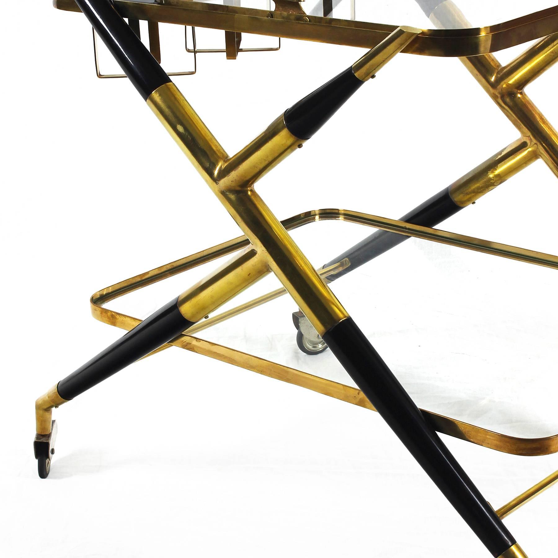 1950s Bar Cart by Cesare Lacca, Stained Mahogany and Brass, Italy 1