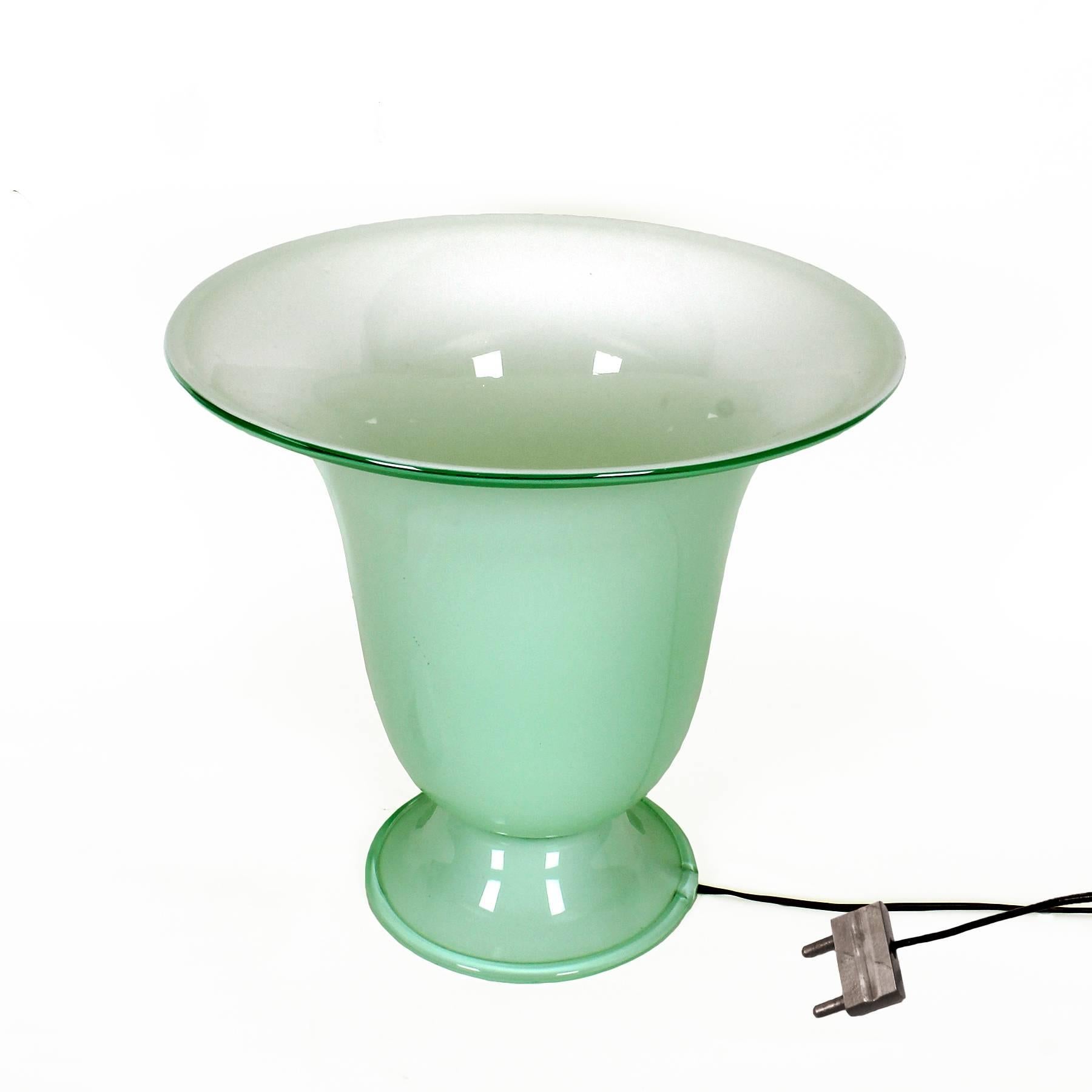 Italian 1930s Art Deco Table Lamp, Opaline, Celadon Green, Original Bakelite Plug, Italy