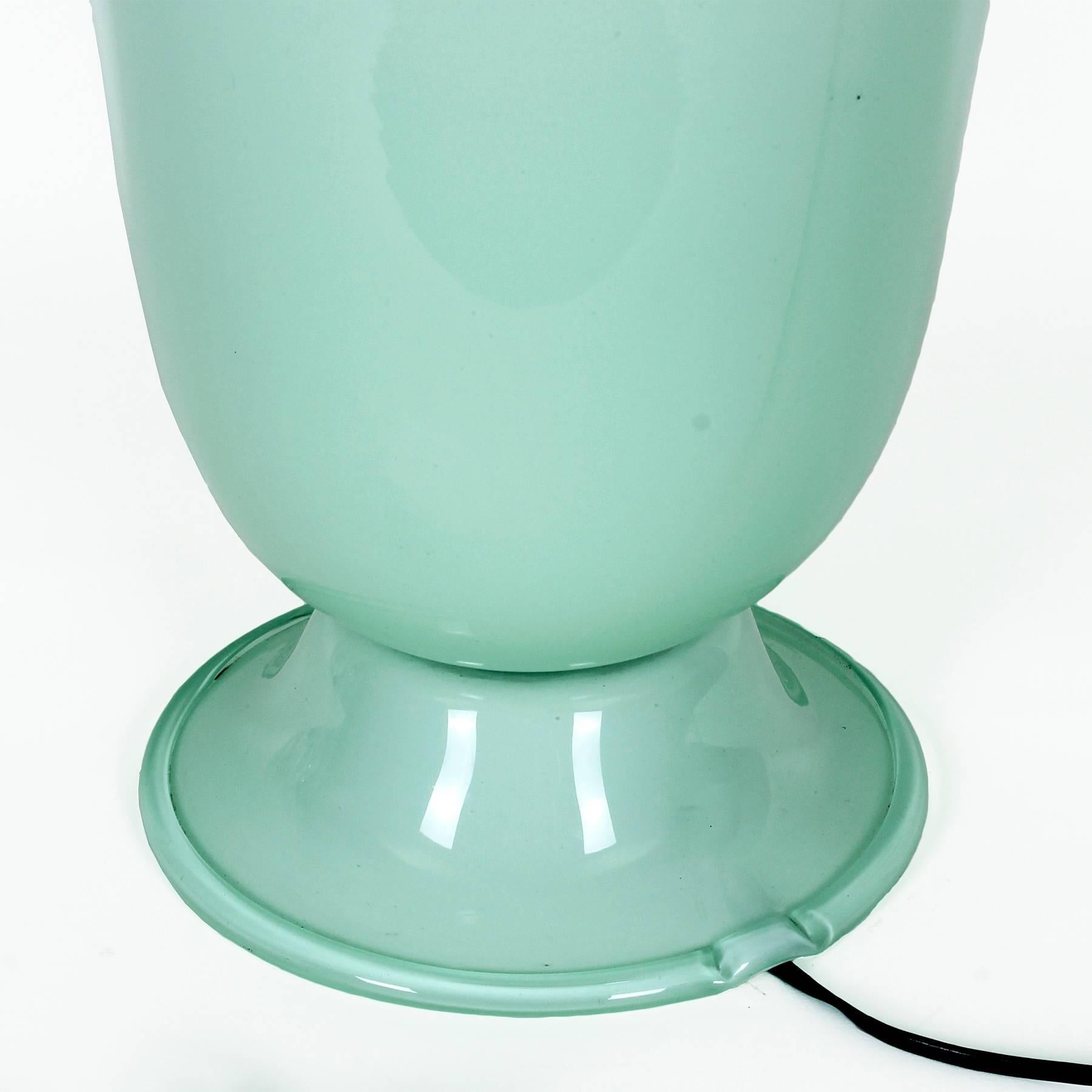 Opaline Glass 1930s Art Deco Table Lamp, Opaline, Celadon Green, Original Bakelite Plug, Italy