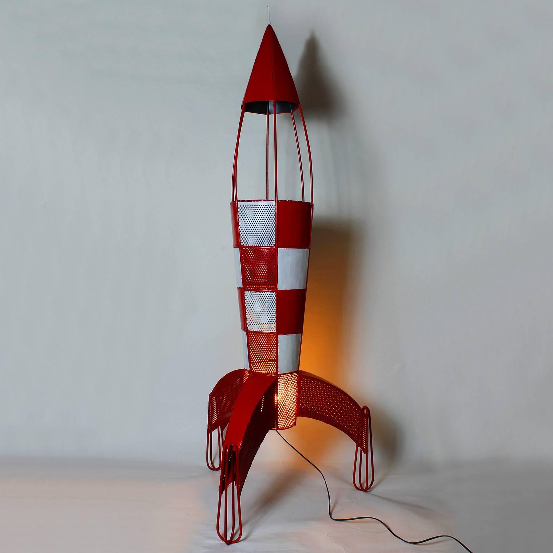 French 1960s Space Rocket Tintin, Standing Lamp, Steel, Red and White, France