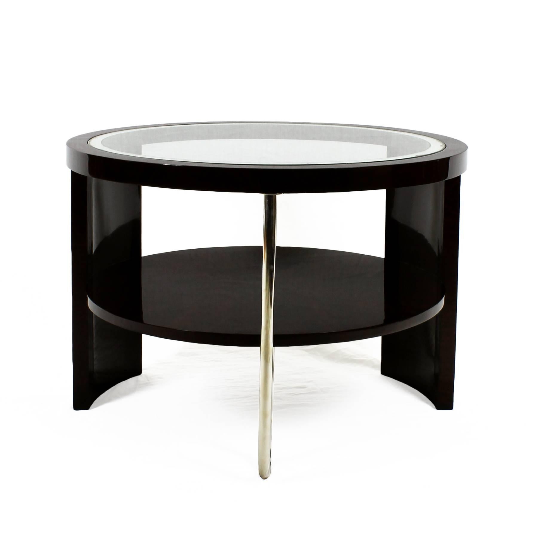 Plated 1930s Art Deco Tripod Side Table, Dark Rosewood, Chrome, Glass, Marquetry, Italy