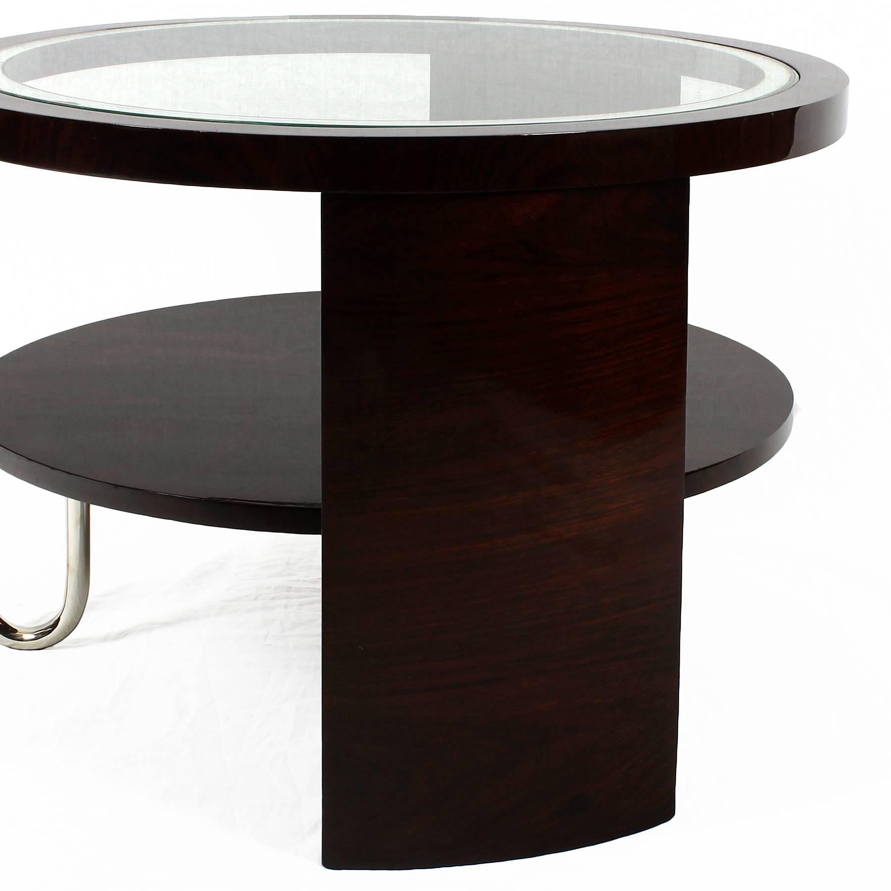 Mid-20th Century 1930s Art Deco Tripod Side Table, Dark Rosewood, Chrome, Glass, Marquetry, Italy