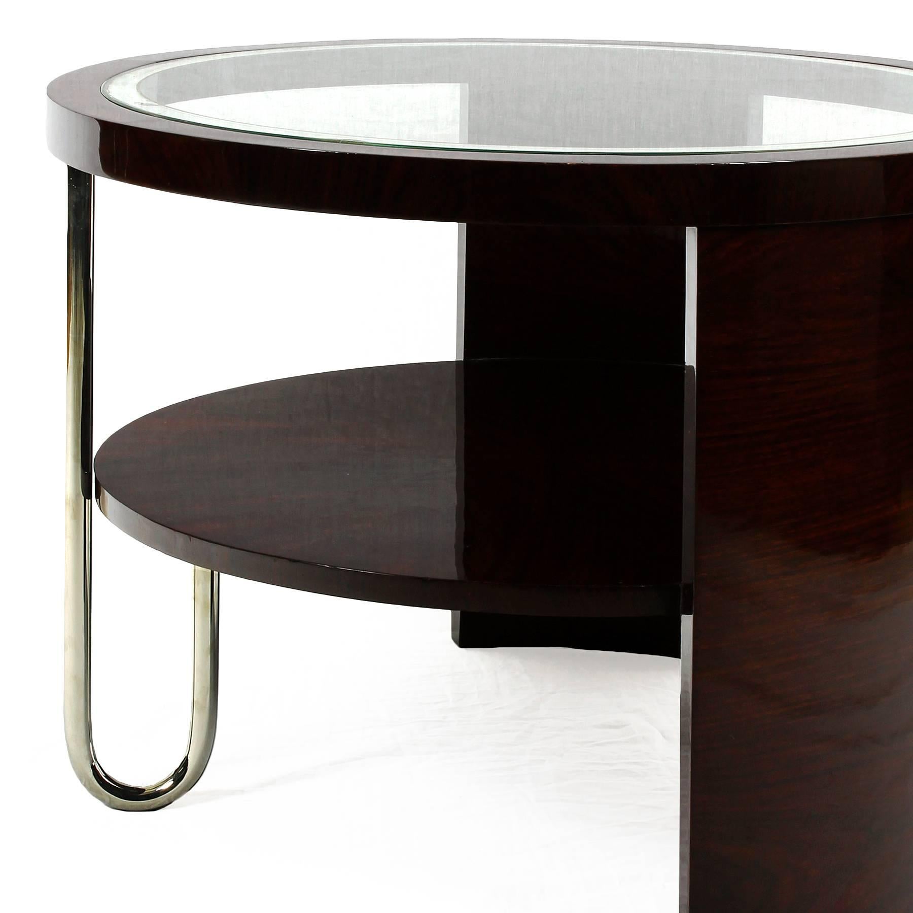 Brass 1930s Art Deco Tripod Side Table, Dark Rosewood, Chrome, Glass, Marquetry, Italy