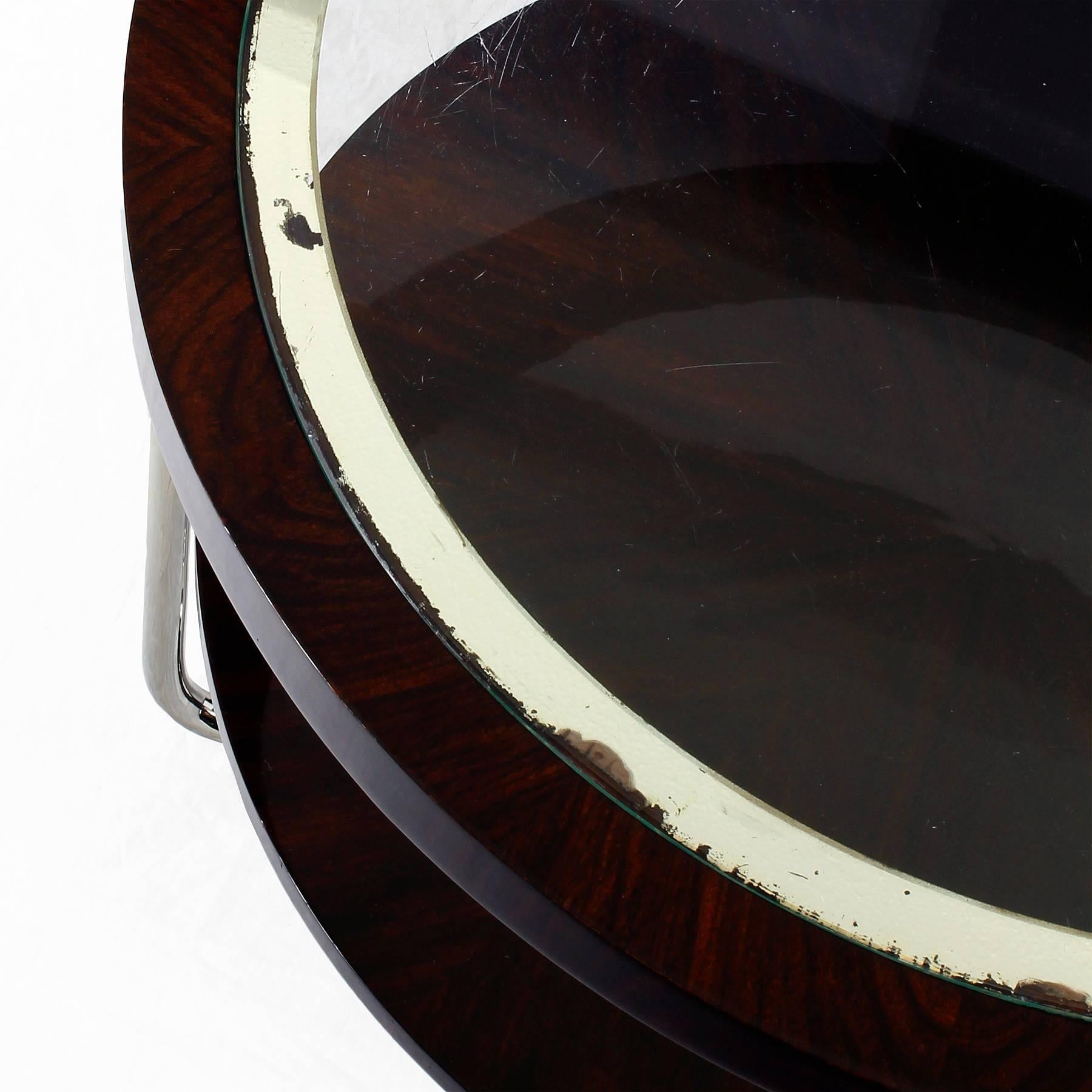 1930s Art Deco Tripod Side Table, Dark Rosewood, Chrome, Glass, Marquetry, Italy 1