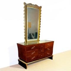 1940s Rounded Commode and Mirror, thuja veneer, walnut, golden leaf. Italy