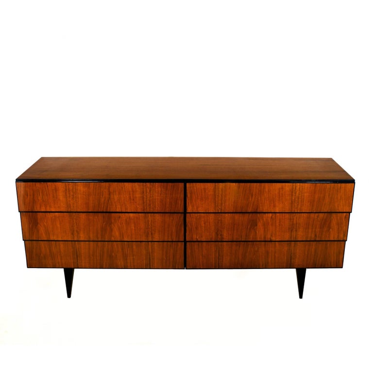 1950s Long Commode with Six Drawers, Walnut Veneer, Italy at 1stDibs