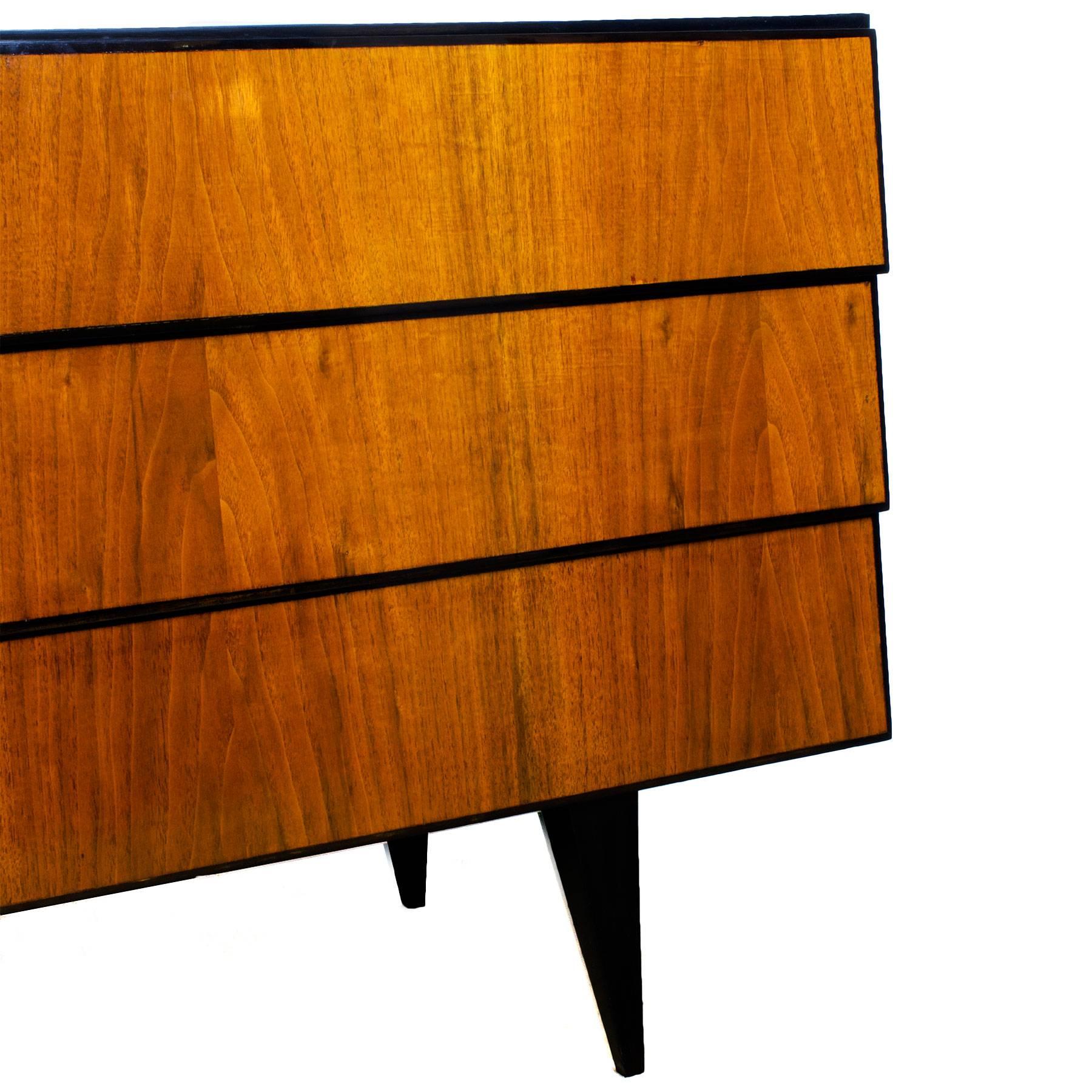 Mid-20th Century 1950s Long Commode with Six Drawers, Walnut Veneer, Italy