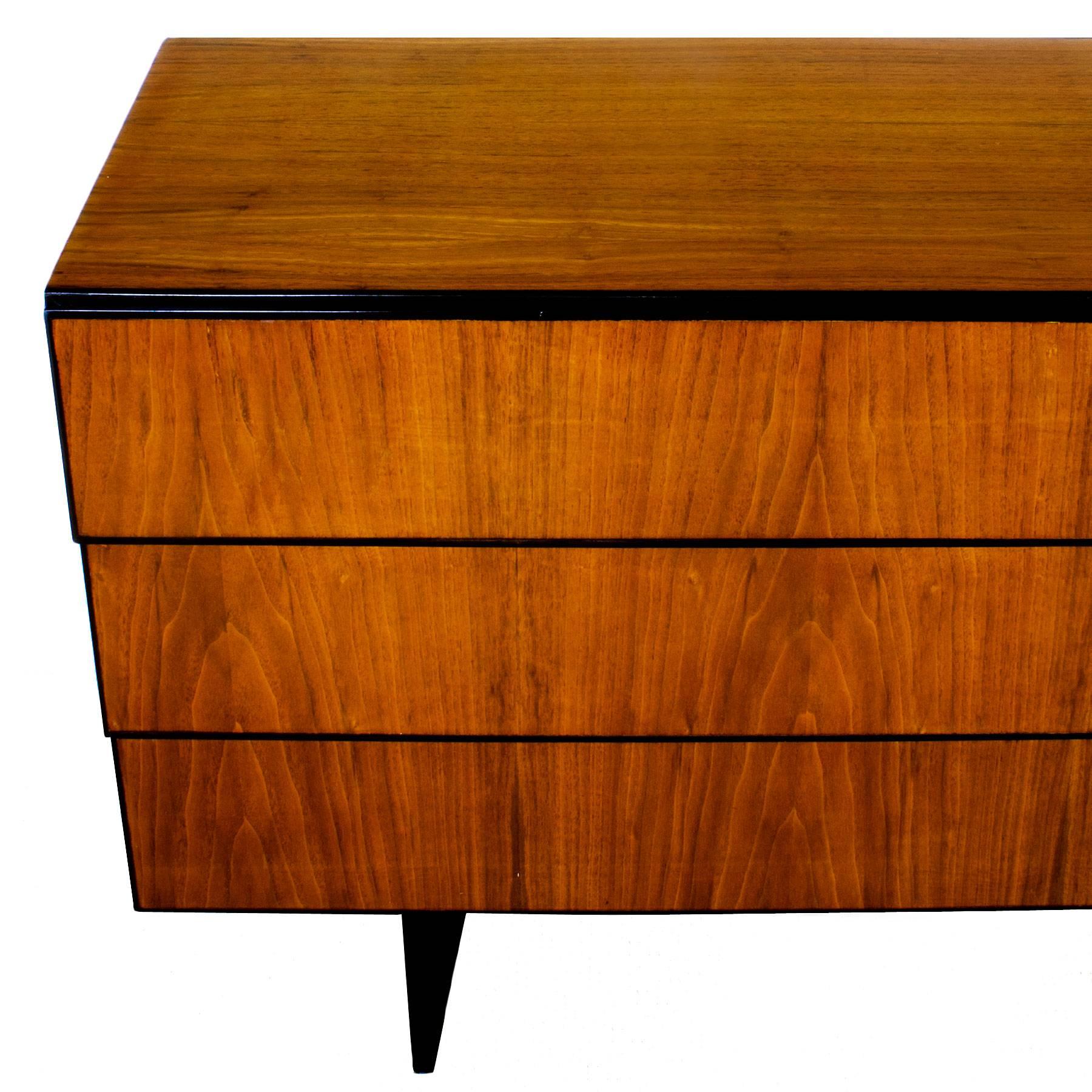 1950s Long Commode with Six Drawers, Walnut Veneer, Italy 1