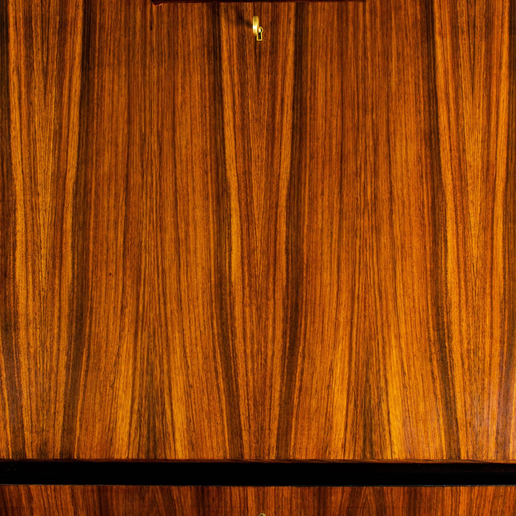 1950s Dry Bar, Walnut, Mahogany, Opaline, Drop-Leaf Door, Italy 1