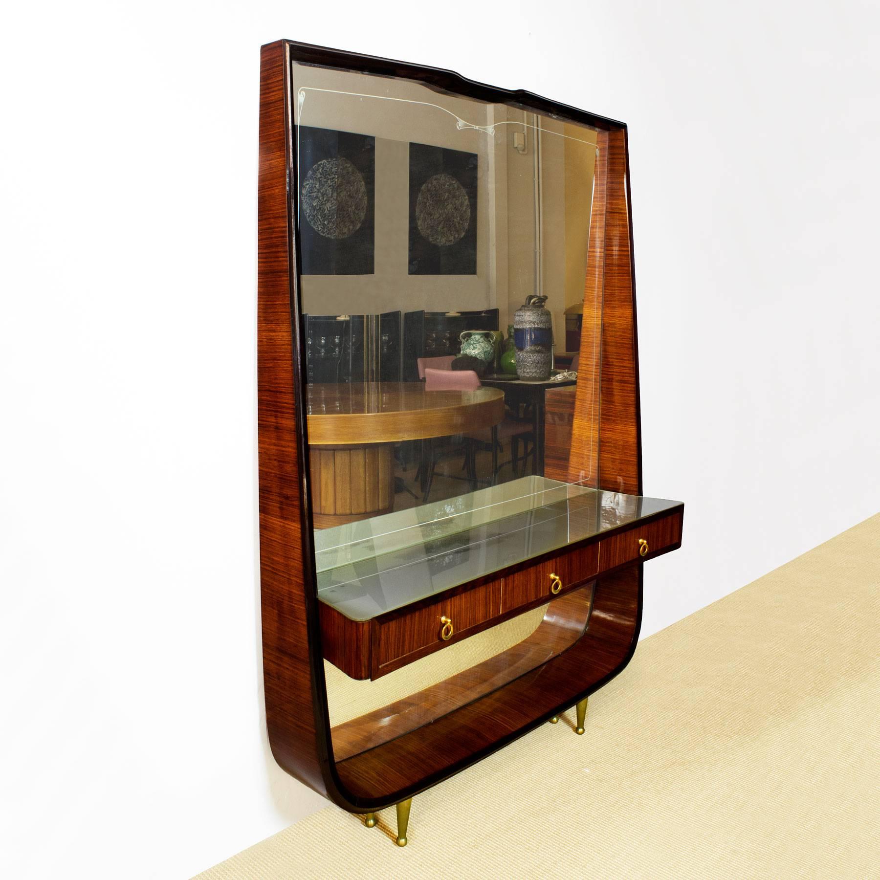 Mid-Century Modern 1940s Entrance Console Mirror, Mahogany, Brass, Three Drawers, Italy