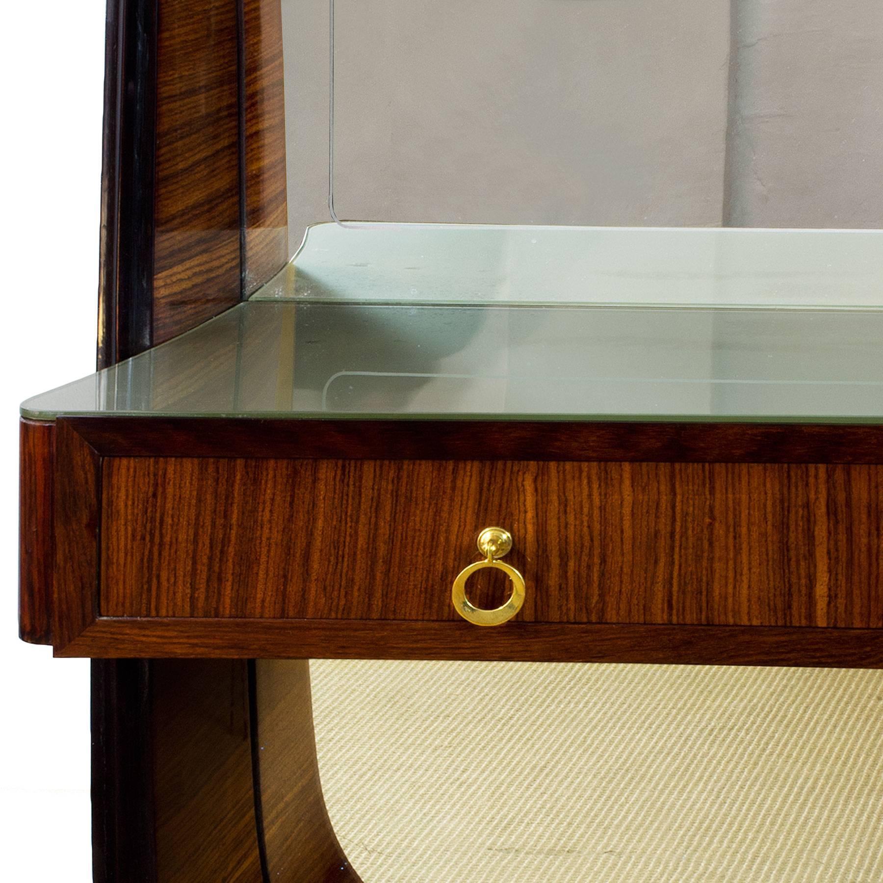 Mid-20th Century 1940s Entrance Console Mirror, Mahogany, Brass, Three Drawers, Italy