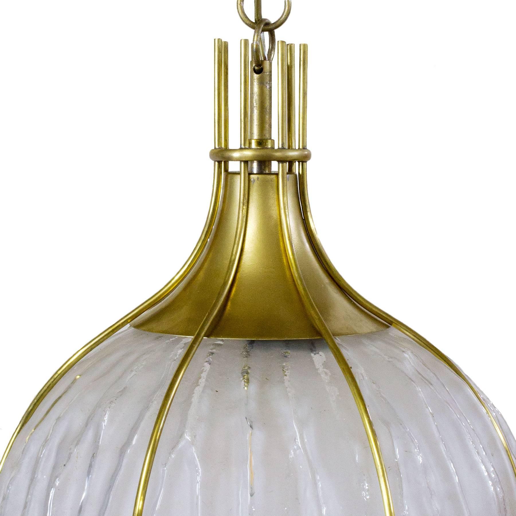  Mid-Century Modern Hanging Lantern by Esperia, Moulded Etched Glass - Italy In Good Condition For Sale In Girona, ES