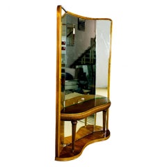 1940s Console-Mirror, Walnut, Brass, Original Mirrors, Fluted Stands, Italy