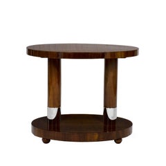 1940s Oval Side Table, Solid Walnut and Veneer, Nickel Plated Brass, France