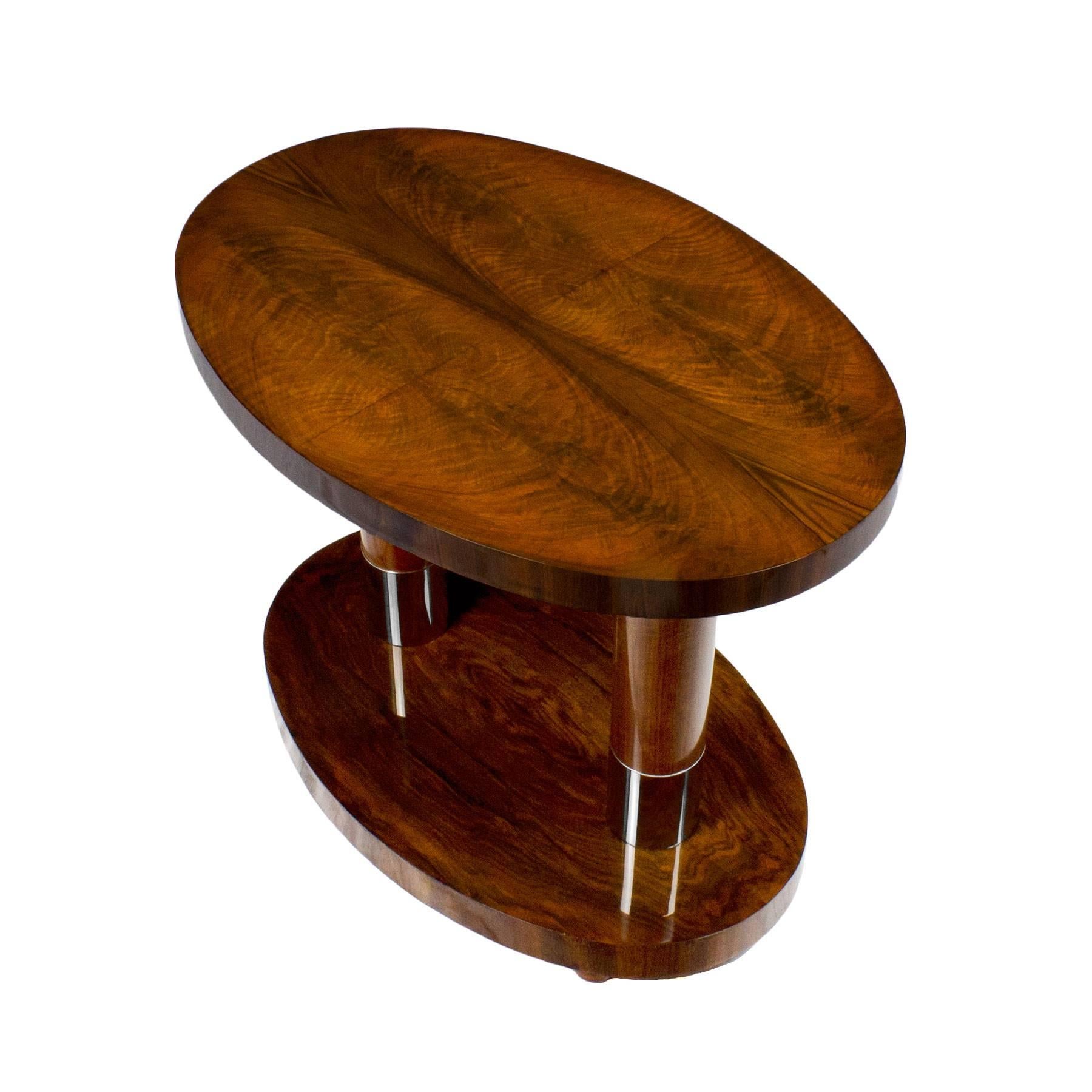 Italian 1940s Oval Side Table, Solid Walnut and Veneer, Nickel Plated Brass, France