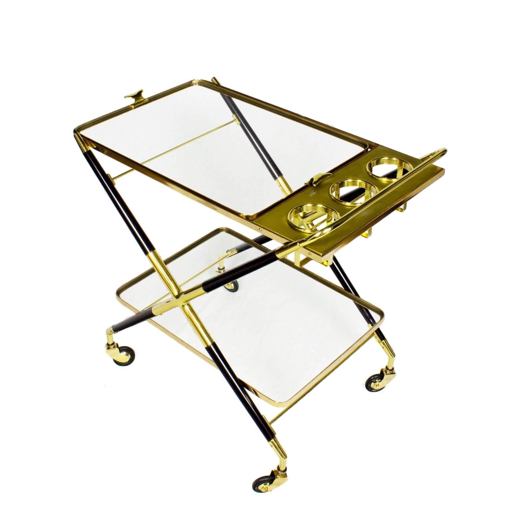 Brass Mid-Century Modern Bar Cart with Tray by Cesare Lacca - Italy For Sale