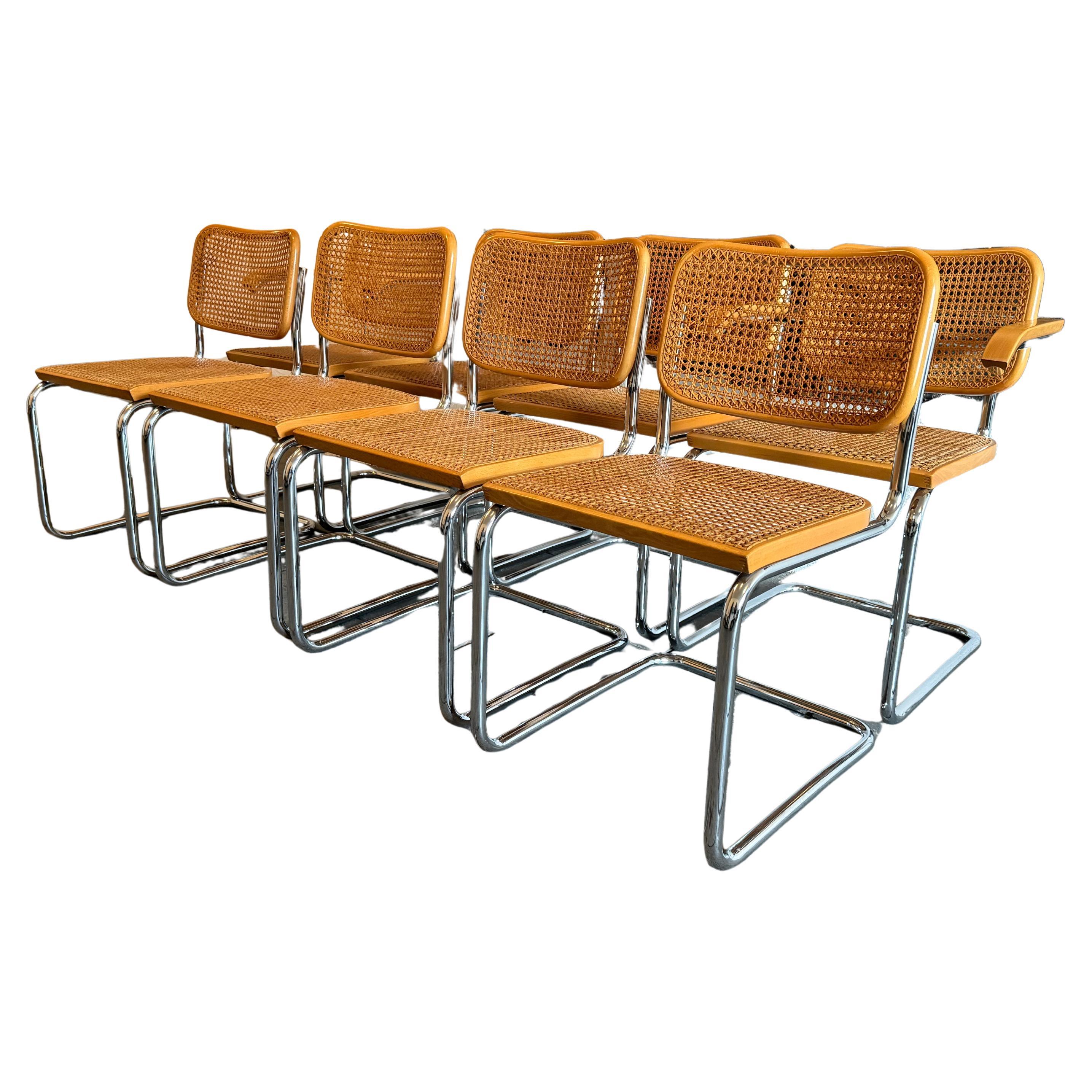 Satz von 8 Marcel Breuer Cesca Esszimmerstühle Cane Chrome Knoll Gavina Italien