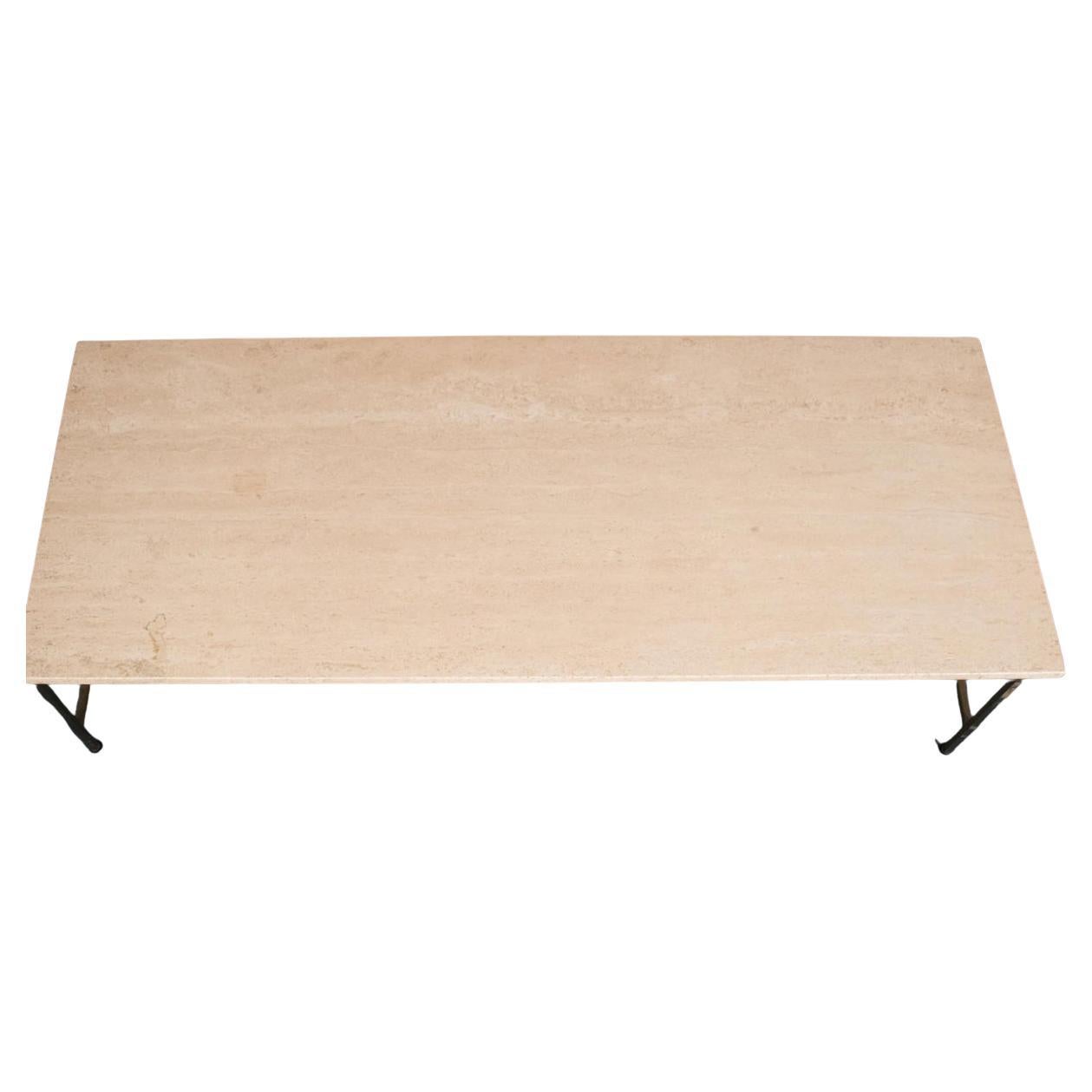 Mid century Paul Mccobb rectangular travertine top brass frame coffee table. Thick travertine coffee table top imported from Italy. Square brass tube base with angular shape. Very good vintage condition. Travertine top is in great condition and the