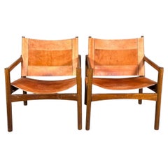Pair Mid century Brazilian Leather Safari Sling lounge Chairs Michel Arnoult