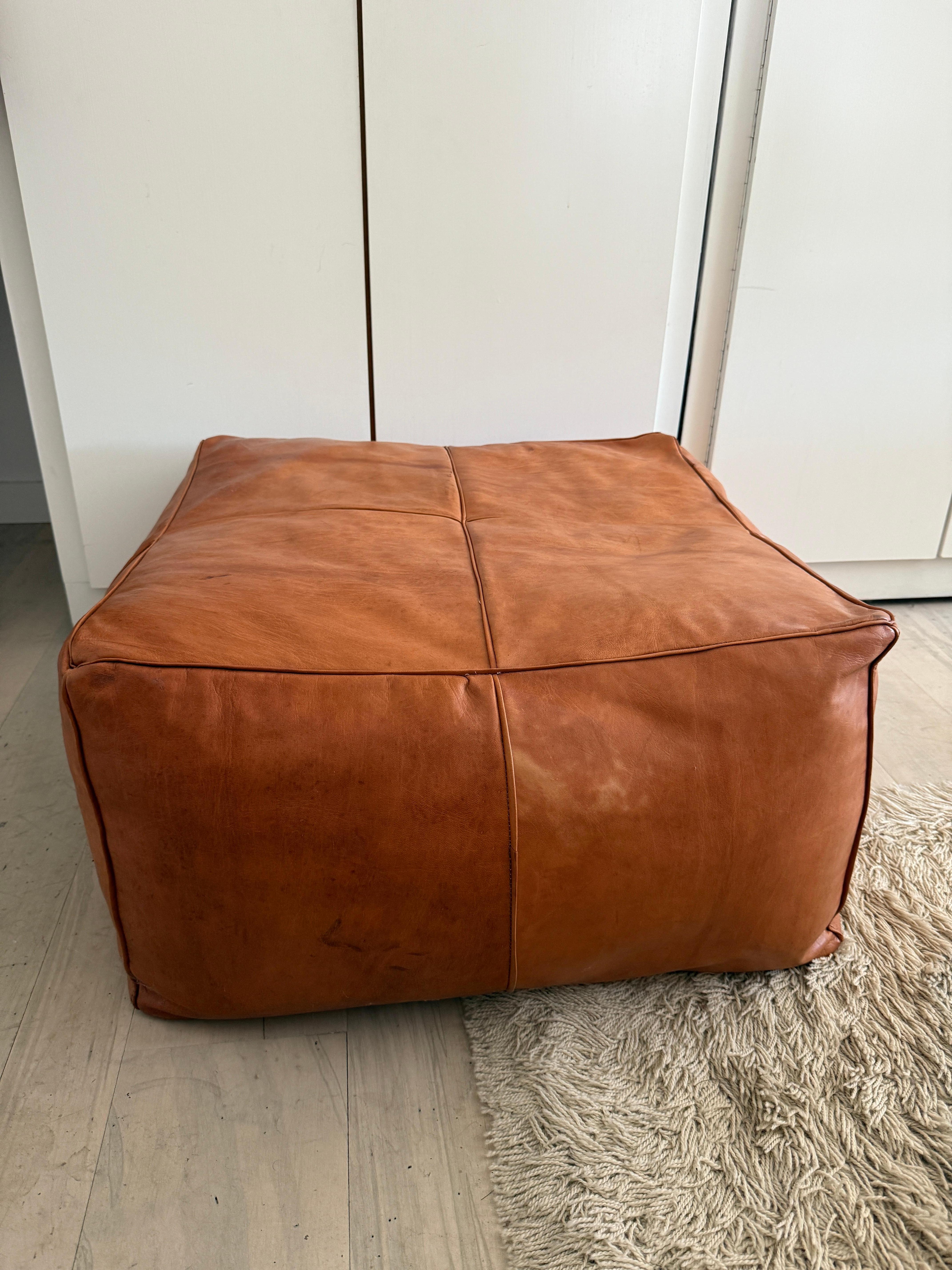 Mid-Century Modern Vintage cognac brown leather square pouf or ottoman For Sale