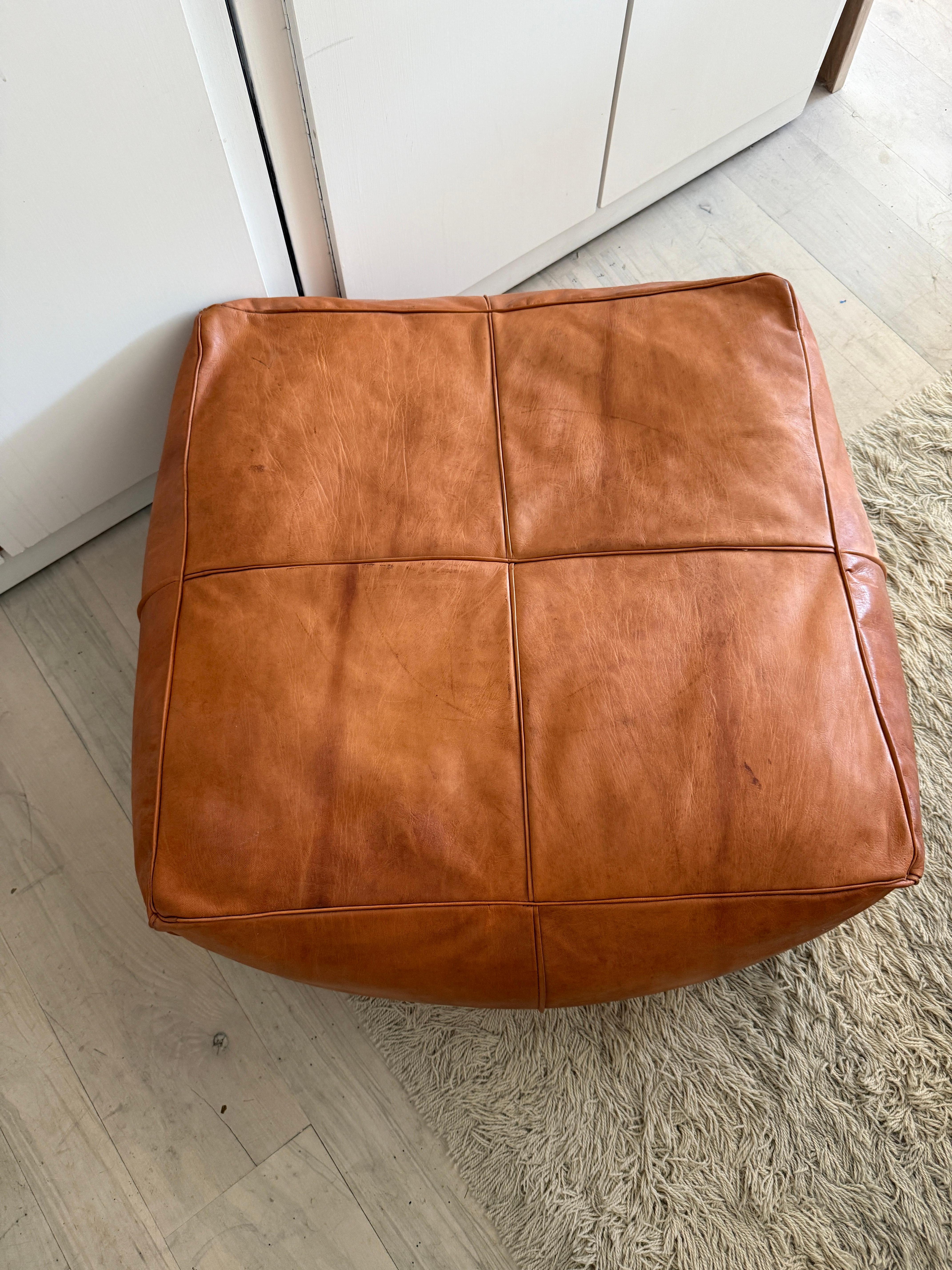 Italian Vintage cognac brown leather square pouf or ottoman For Sale