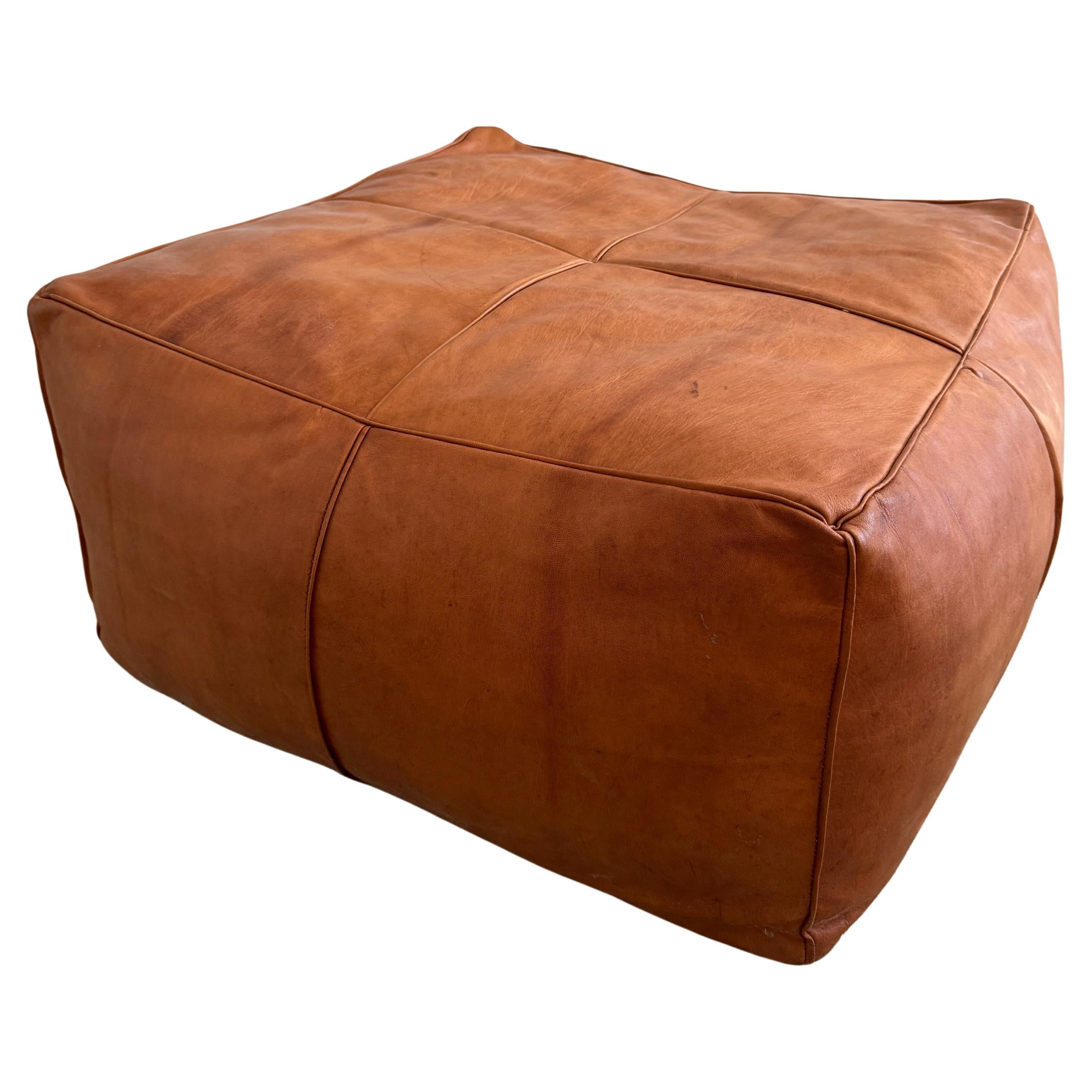 Vintage cognac brown leather square pouf or ottoman For Sale