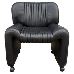 Rare Post Modern Black Ribbed leather Office desk chair on casters made in Italy