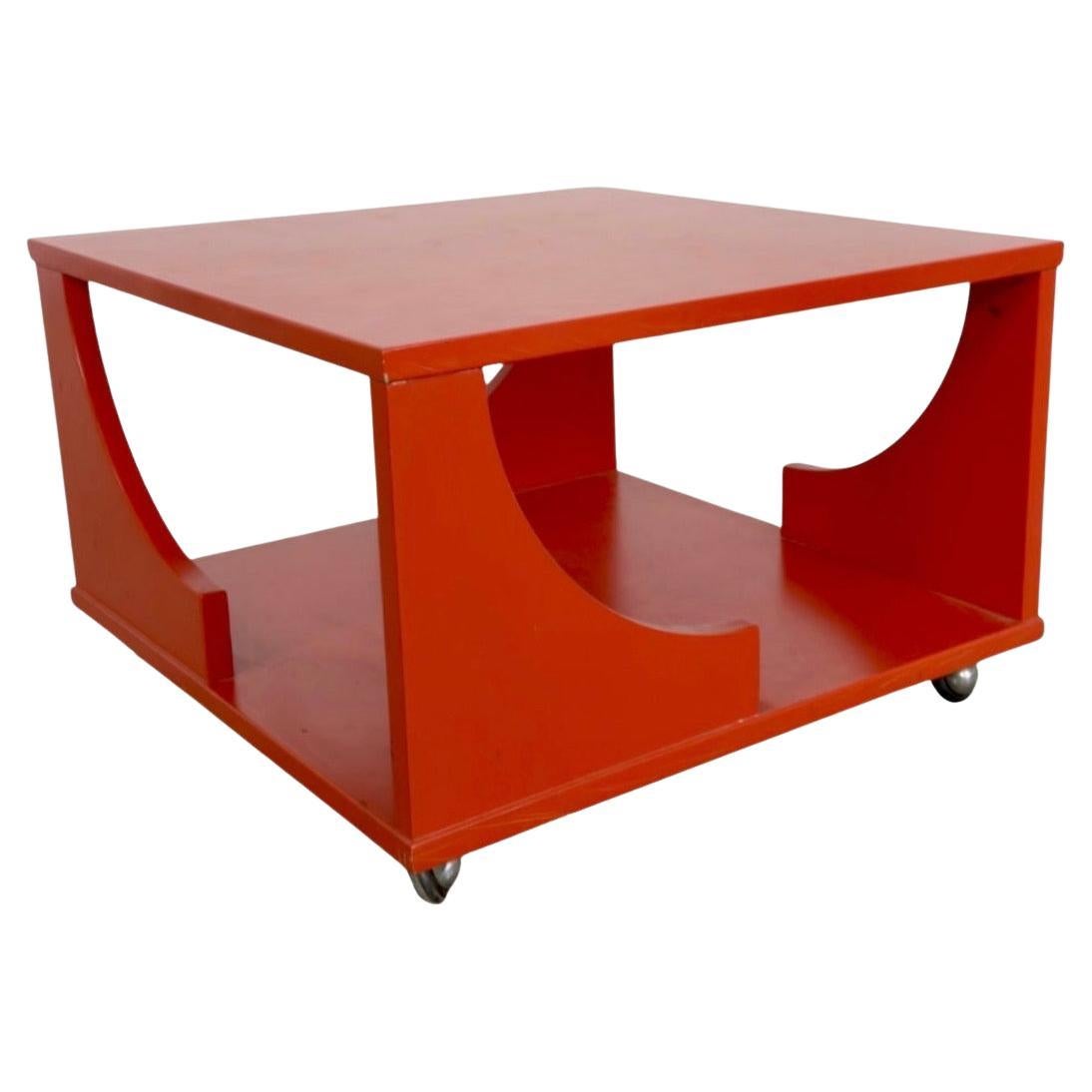 Mid century Post modern square red coffee table on casters made in Italy