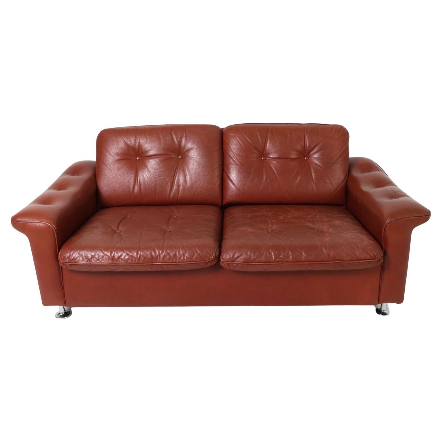 Mid Century Scandinavian Modern Red Leather tufted low loveseat sofa chrome legs For Sale