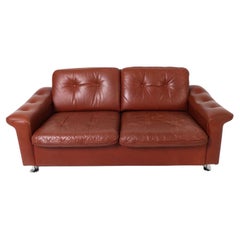 Mid Century Scandinavian Modern Red Leather tufted low loveseat sofa chrome legs